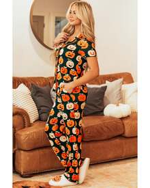 Orange Halloween Pattern Short Sleeve Shirt Pajama Set Women Sleepwear - Orange - View 8