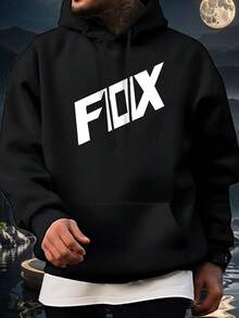 Men's Fleece-Lined Hooded Sweatshirt With Eye-Catching FOX Logo Print - Red And White Color Scheme, Spring/Autumn Pullover, Loose-Fit Hooded Jacket, Machine Washable Outdoor Casual Wear, With Brand Logo (Compatible With Fox Brand Design) - 黑色 - 查看 9