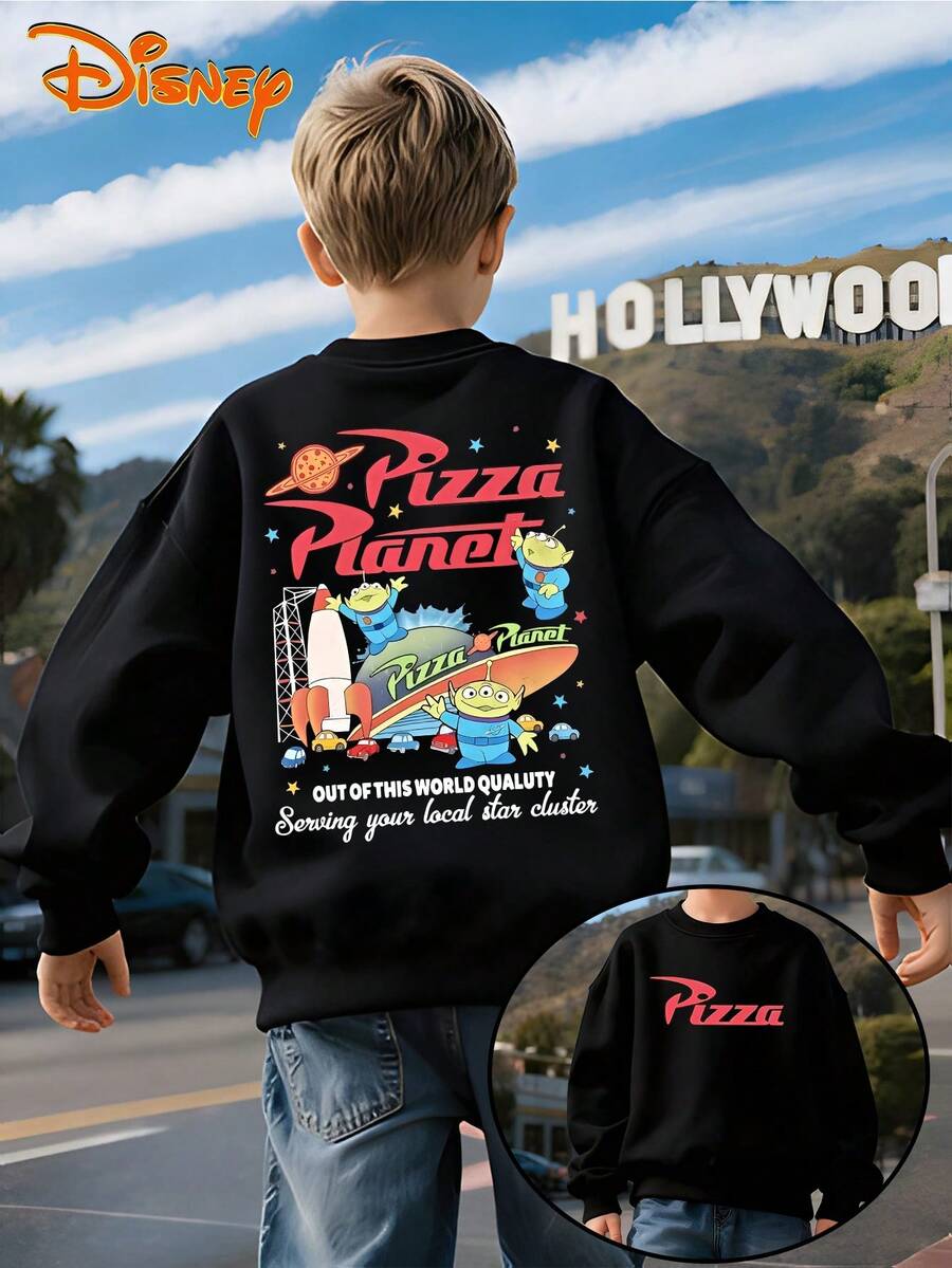 Disney Pixar Toy Story Pizza Planet Black Crewneck Sweatshirt, Retro Alien Print, Double-Sided Design, Soft Fleece Lining, Oversized Fit, Casual Style, Perfect For Fans & Daily Outfits, Unisex - màu đen - Xem 1