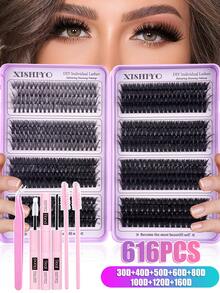 616pcs D-Curl Individual False Eyelashes Set, With Adhesive, Sealer, Mascara Brush, Tweezer Tools, DIY Home Use, Easy To Wear, Large Capacity Segmented False Eyelash Album, Suitable For DIY Different Eye Makeup, Mixed Style False Eyelash Extension Kit, Large Capacity Eyelash Album + Adhesive + Eye Brush - Multicolor - View 2