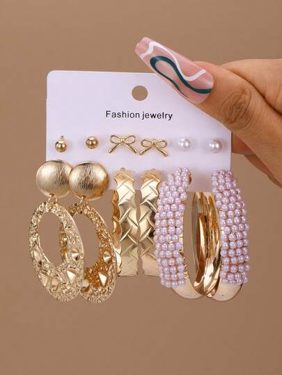 6 pares de pendientes geométricos con lazo y perlas falsas, estilo exagerado europeo y americano, adecuados para uso diario, citas y fiestas como accesorios para mujeres