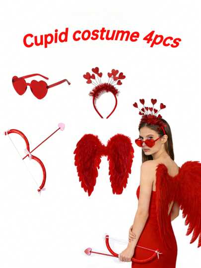 Bộ trang phục thần Cupid ngày Valentine 4 món: Đôi cánh lông vũ đỏ, mũ đội đầu hình trái tim, cung tên, kính thời trang. Thích hợp cho nhập vai, đạo cụ chụp ảnh, quà tặng sinh nhật, trang trí lãng mạn, những đêm đặc biệt, trang trí kỷ niệm, đồ dùng cho bữa tiệc Valentine, phụ kiện trang phục ngày Valentine. Dành cho cả nam và nữ, cũng thích hợp cho trang phục dự tiệc độc thân.