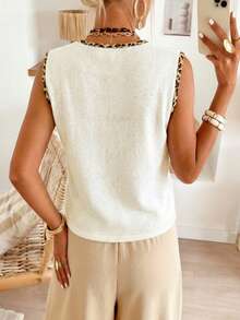 春夏女士优雅奶油色针织上衣，豹纹饰边，V领系带无袖波西米亚风日常款 - 彩色 - 查看 6