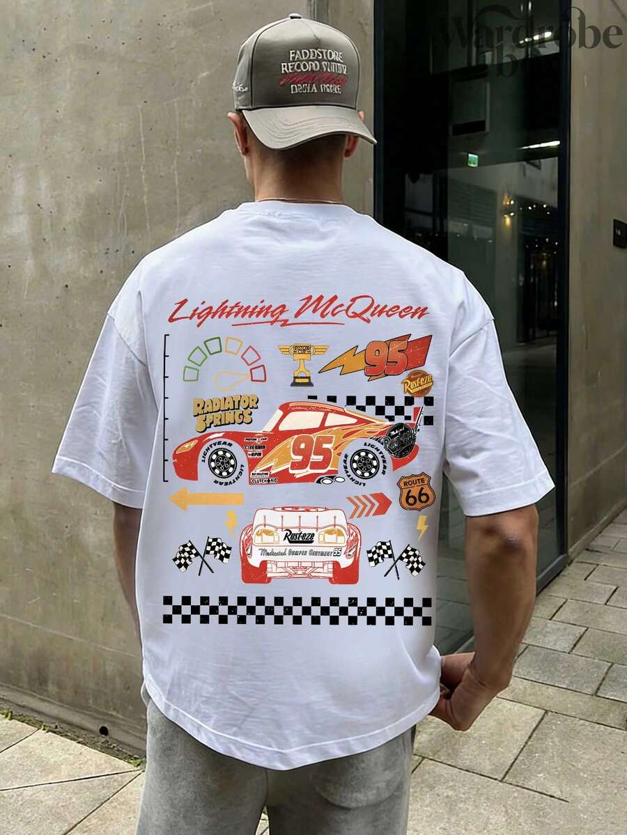 Disney Printed T-Shirt,Men's Disney Pixar 'Cars' Lightning McQueen 95 Retro Reversible T-Shirt, Disney 'Cars' Pit Crew T-Shirt,Unisex,High-Quality Pure Cotton T-Shirt,Suitable For All Seasons, Comfortable And Breathable| Exquisite Design | The Best Choice For Giving Gifts - 白色 - 查看 1