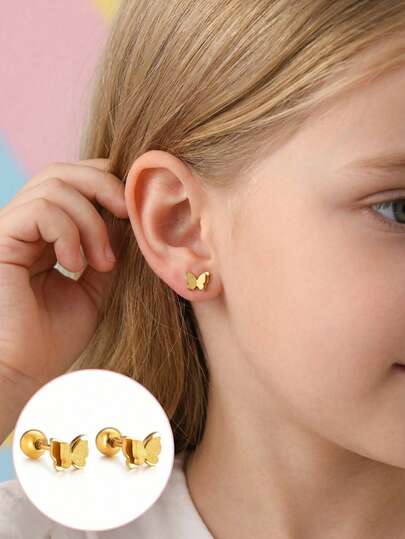 1pair Cute, Exquisite, And Beautiful Gold Stainless Steel Matte Double Layer Butterfly Decorative Ear Stud Party Party Party Decoration Ear Stud