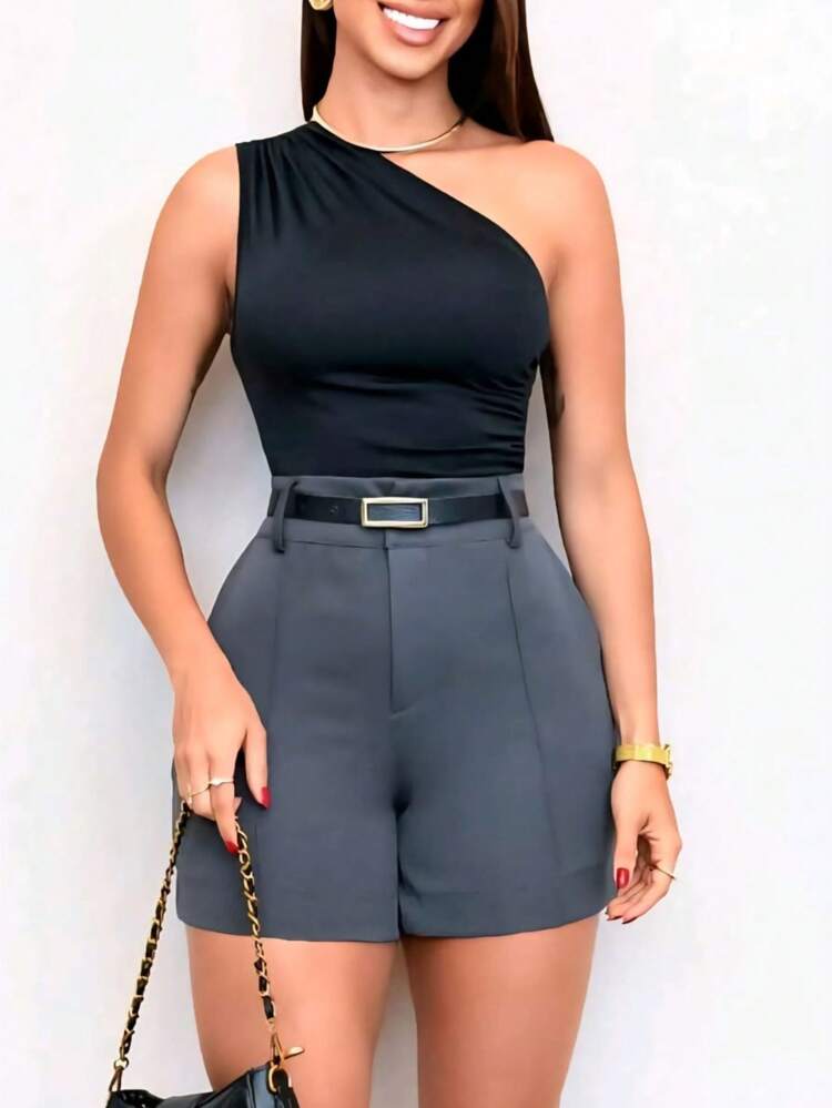 Kit 3 Body Feminino um Ombro Só com Drapeado Lateral - Preto, Branco, Marrom - Visão 4