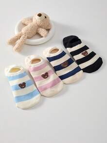 4 Pairs Women's Anti-Slip Cute Cartoon Bear Striped Minimalist Ankle Socks, Invisible Liner Socks, Suitable For All Seasons - Multicolor - View 5