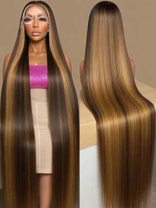 34 Inch 200% Density Highlight Ombre 13*4 Lace Front Wig Blended Human Hair With Baby Hair, No Glue Needed, Heat Resistant & Breathable, Synthetic Fiber Material, Natural Hairline, Free Parting, Suitable For Party And Daily Wear - SP4/27 - View 9