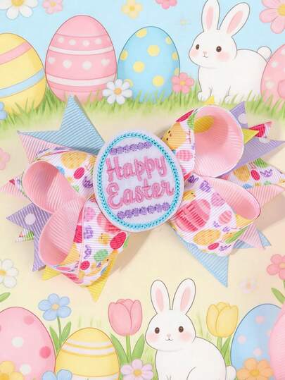 1pc Easter Day Hair Bows For Girls ,"Happy Easter" Embroidered & Easter Egg Print Bow Hair Clip, Grosgrain Ribbon, Festive & Vibrant Hair Accessory For Easter, Spring Celebrations & Holiday Parties