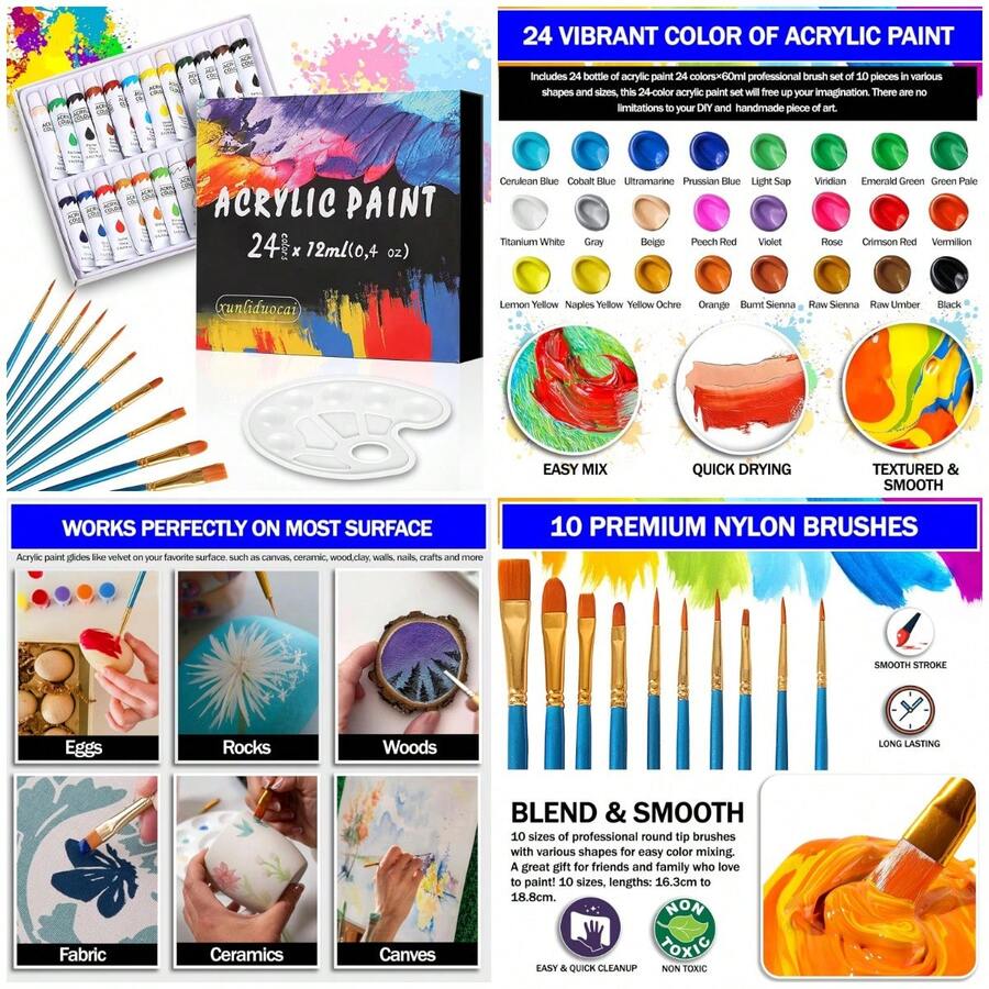 Juego de Pintura Acrilica, Pintura 24 Colores*12ml con 10 Pinceles y 1 Paleta, Kit de Pintura Acrílica Profesionales, Set de Sum - 24 - Ver 1