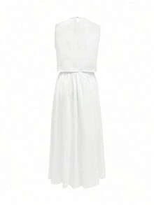 Women's Solid Color Sleeveless Top + Casual Loose Front Button Decoration Skirt 2 Pieces Set, Summer Outfit - 白色 - 查看 3