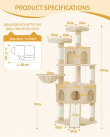 HaluPeit Tiragraffi, 174 cm, XL, 2 piattaforme, 2 grotte, 4 tiragraffi, 1 tavola tiragraffi, corda in sisal, palline di peluche, tiragraffi per fglie con più gatti - Beige - Visualizzare 9