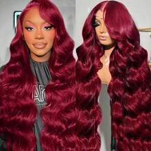 26 Inch 99J Burgundy Lace Front Wig Human Hair 13x4Transparent Lace Red 99J Colored Lace Front Wigs 99J Body Wave Lace Front Wigs Human Hair Pre Plucked Burgundy HD Lace Frontal Wig - S99J - 查看 5