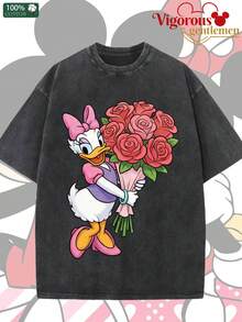 Disney Donald Duck And Daisy Duck With Roses Couple Vintage Washed T-Shirts180g Washed Cotton Mickey And Minnie Flower Bouquet Loose Short-Sleeved Couple's Outfit - 黑色 2 - 查看 1