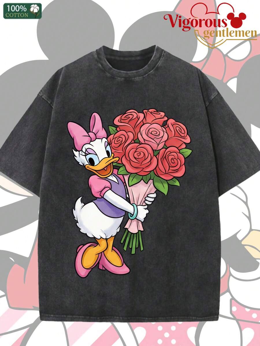 Disney Donald Duck And Daisy Duck With Roses Couple Vintage Washed T-Shirts180g Washed Cotton Mickey And Minnie Flower Bouquet Loose Short-Sleeved Couple's Outfit - 黑色 2 - 查看 1