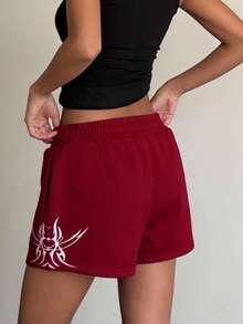 Women's Punk Goth Style Wine Red Shorts, Thorn Totem Print, Comfortable Casual, Street Style For Summer Daily Wear, Women's Elastic Waist Loose Sports Shorts - Red - View 2
