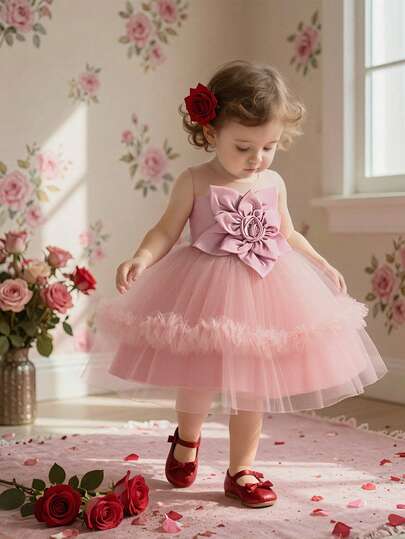 Baby Girls Satin 3D Floral Mesh Cute Flower Girl Wedding Dress Puffy Princess Gown, Suitable For Holidays, Celebrations, Birthday Parties, Does Not Include Headband