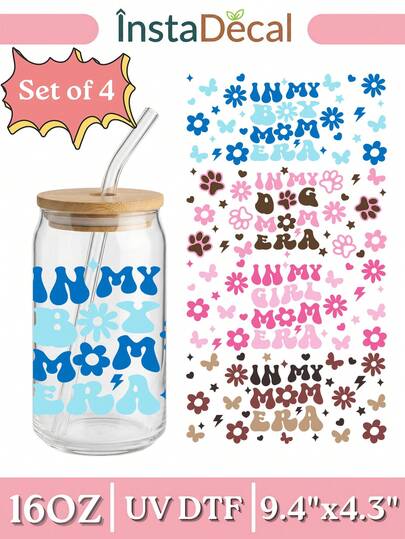 4pcs/Set Mom UV DTF Cup Sleeves Fit For 16oz Libbey Glass Jars, Size 9.4"X4.3", Heat Transfer Stickers For Glass, 3D Crystal Mom Life Labels, No Heat Waterproof DIY Decals, Suitable For Mother's Day Gift