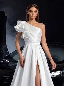Faeriesty Asymmetric One-Shoulder Ruffle A-Line Dress, High Slit Design, Luxurious Satin Fabric - Perfect For Wedding Ceremonies, Formal Galas, Bridal Photoshoots, Destination Events, And Elegant Receptions. Spring White - White - View 9