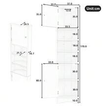 36.5 X 24.5 X 170cm Triangular Bathroom Cabinet, Fully Lacquered, Moisture-Resistant Lacquer, Three Open Shelves, Double Doors, Adjustable Shelves, Space-Saving, Grey - Grey - View 2