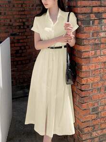 French Style Retro Lapel Single-Breasted Waisted Simple Shirt Dress, Summer Elegant - Apricot - View 4