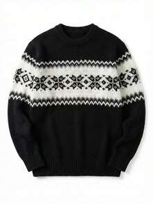 男士休闲百搭格子提花圆领长袖针织衫，韩版风格，适合秋冬季穿着 - 黑色 - 查看 5