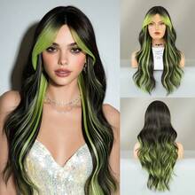 Tóc giả dài 26 inch, kiểu sóng nhẹ, màu đen, có mái xéo và điểm nhấn màu xanh lá cây, làm từ sợi tổng hợp chịu nhiệt, thích hợp cho nữ, dùng trong cosplay, hàng ngày và dự tiệc. - Điểm nhấn màu xanh lá cây - Xem 12