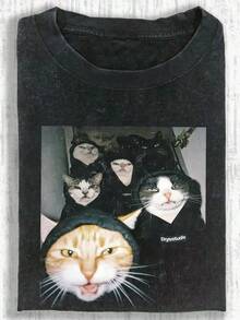 大码女式水洗棉酷猫印花短袖T恤，高品质水洗棉复古时尚T恤，女式T恤，日常热销单品，节日礼物，完美礼物，水洗棉街头风上衣，纯棉T恤 - 黑色 - 查看 1