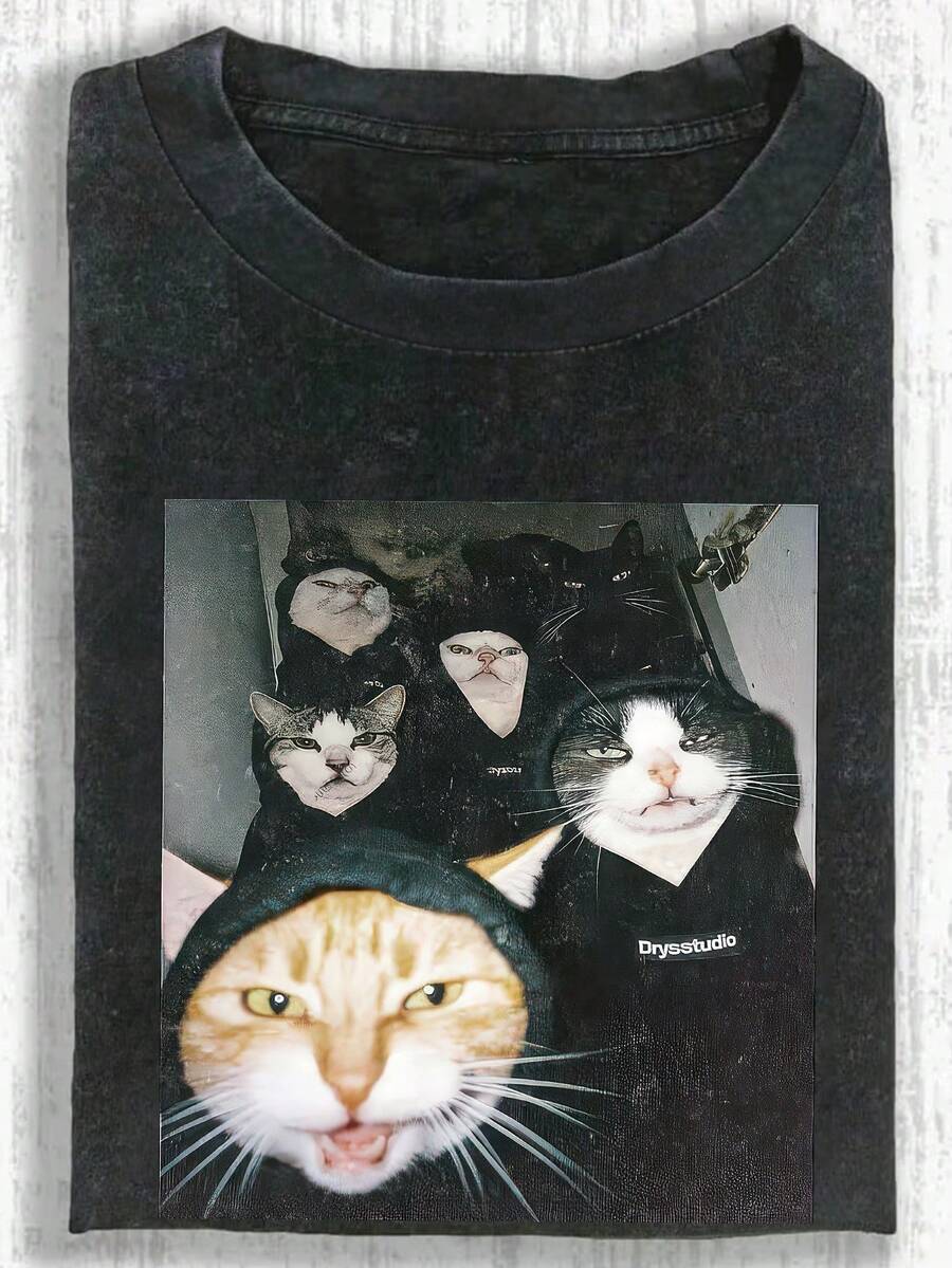 大码女式水洗棉酷猫印花短袖T恤，高品质水洗棉复古时尚T恤，女式T恤，日常热销单品，节日礼物，完美礼物，水洗棉街头风上衣，纯棉T恤 - 黑色 - 查看 1