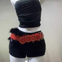1pc Y2K Hot Girl Style Women's Belt, Retro Punk Wide Waist Cinch With Red Rivets & Fur Ball, Versatile Slimming Stylish Accessory For Jeans - 白色3 - 查看 3