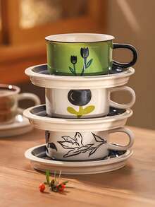 1件套手绘郁金香复古绿色高级感应咖啡杯碟套装，适用于办公室、家庭、餐厅，容量约280毫升 - 彩色 - 查看 1