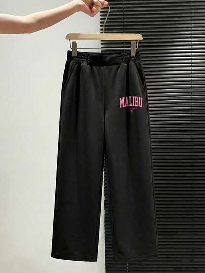 Women's Casual Black Sweatpants, Soft Fabric (Machine Washable), Suitable For All Seasons, With Pockets, Featuring A Letter Pattern, Wide-Leg Design, Perfect For Gym, Running, Outdoor Activities, And Back-To-School Season.