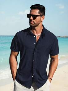 Mens Short Sleeve Linen Shirts Button Down Casual Summer Beach Tops For Daily Commute - Navy Blue - View 3