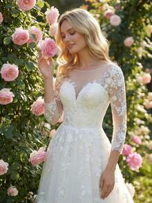 2025 New Long Sleeve Lace Embroidered Sequin Long Elegant Wedding Dress For Bridal Ceremony - Beige - View 4