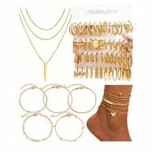1pcs Middle Eastern Style Elegant Vintage Butterfly, Heart, Pearl, Twist, Star, Moon, Rhinestone, Snake Chain, Braided Chain, Geometric C-Shaped Earrings, Necklace, Ring, Bracelet Jewelry Set For Holiday, Party, Gift - 黃金 - 查看 4