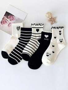 5 pares de calcetines de media caña transpirables y absorbentes de mujer con rayas y borde de encaje con forma de corazón, para primavera/verano - Multicolor - Ver 2