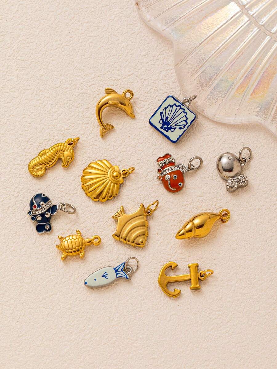 1件全新海洋系列海马、海豚、贝壳、小鱼、蓝尾鱼、锚形不锈钢吊坠,18K镀金,防水防褪色,DIY饰品配件,项链、手链、耳环、钥匙扣、包包、女士饰品、钱包配件,不锈钢吊坠,礼品 - 彩色 - 查看 1