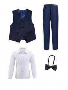 男童四件套正装，幼儿燕尾服，花童礼服，婚礼马甲、裤子、衬衫、领带，藏蓝色，尺码 6-16 岁 - 藏蓝色 - 查看 2