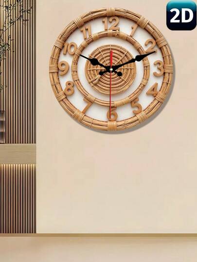 1pc 10"/12" Flat Print Rattan-Look Wall Clock, 2D Wooden Round Dial, Silent Japanese Quartz Movement, Battery Operated (AA Battery Not Included) - Modern Home Decor For Living Room & Bedroom, Living Room Accessory | Natural Aesthetic | Wooden Frame Clock