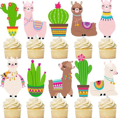 10个/5个可爱羊驼仙人掌纸杯蛋糕装饰插牌，适合墨西哥主题生日派对，派对用品，随机款式羊驼、仙人掌纸杯蛋糕装饰，生日派对装饰