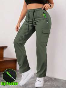 Women's Spring/Autumn Zipper Pocket Cargo Pants, Fashionable Large Pocket Design, Drawstring Elastic Waist, Casual Outdoor/Daily Wear Slim Fit Trousers - Army Green - View 2