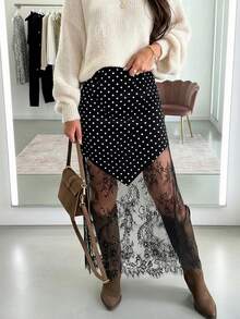 女士高腰无弹力波点蕾丝不对称中长裙，性感波点蕾丝拼接长裙，适合女士外出穿着，(YY1242) - 黑色 - 查看 7