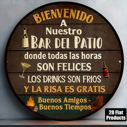 8"X8" Vintage Style 2D Round "Welcome To Terrace Bar" Sign, Suitable For Enhancing The Ambiance Of Bars, Restaurants, Outdoor Patios, Cafes, And Party Venues. Hole Positions Random.