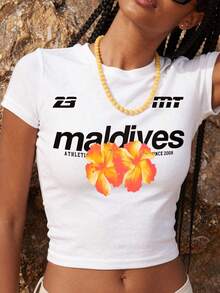 Các quý cô, áo thun ngắn tay cổ tròn in chữ và hoa của Glimora là một kiểu áo ngắn tay không thể thiếu cho kỳ nghỉ hè. Màu trắng thường ngày - trắng - Xem 1