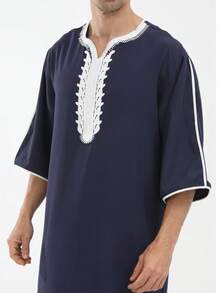 New Arrival Black Loose Casual Muslim Three-Quarter Sleeve Men's Robe, Middle Eastern Leisure Long Robe - Navy Blue - View 4