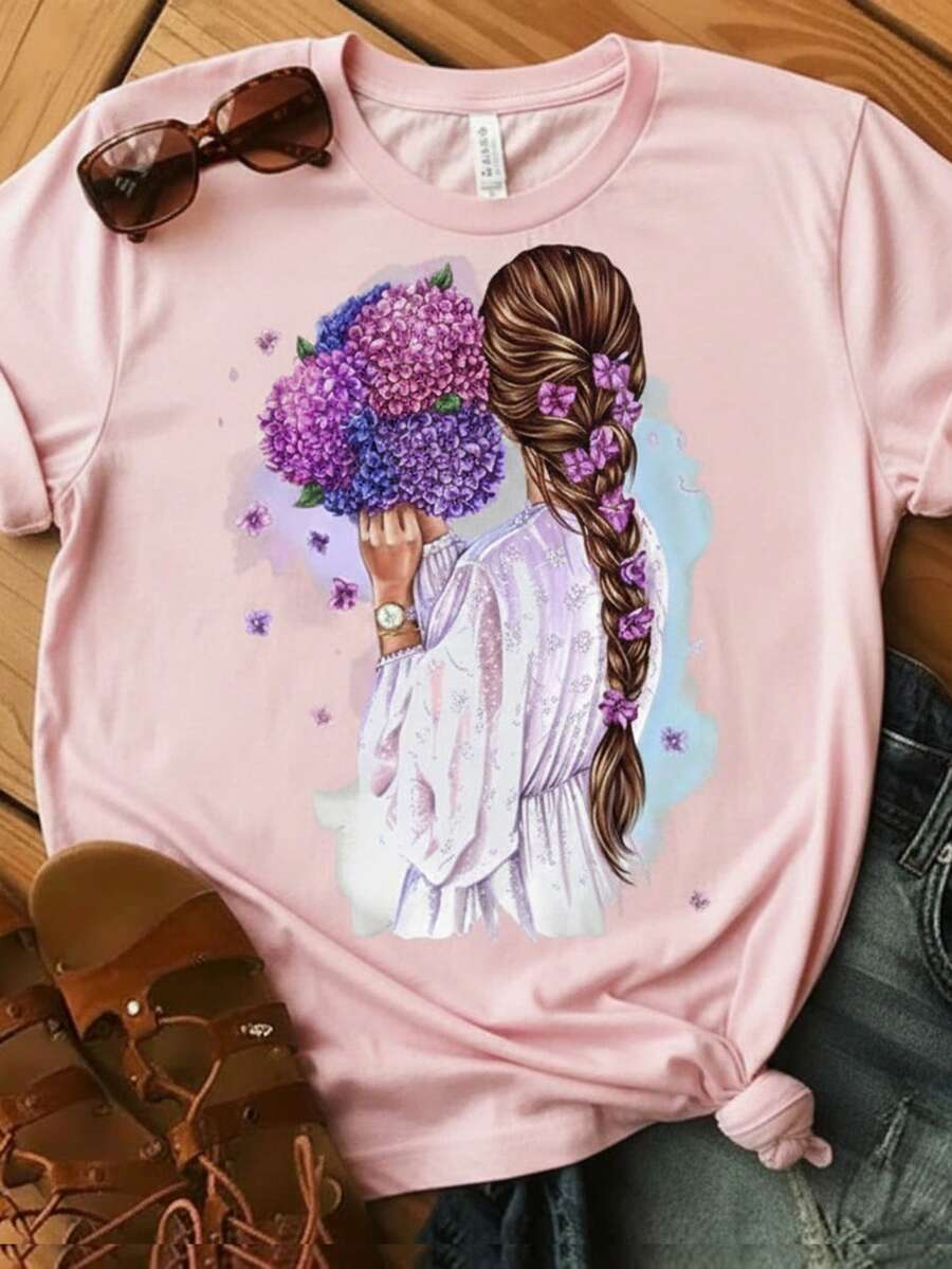 Stylish Women's Floral Hair Print T-Shirt - New Release - 100% Cotton T-Shirt - Loose Oversized Plus Size T-Shirt - Estampae - Rosa - 查看 1