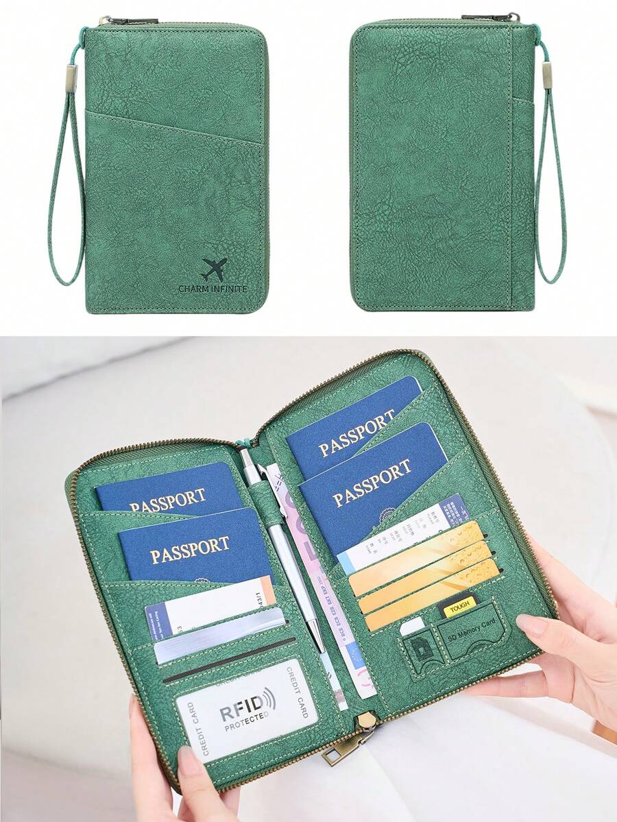 CHARM INFINITE New RFID Blocking Passport Holder, Fits Multiple Passports, Travel Document Organizer, Soft Material Zipper Long Passport Wallet With Detachable Wrist Strap, Valentine's Day Gift For Wife Or Girlfriend - Green - View 1