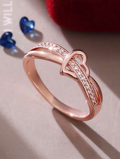 1pc Elegant Delicate Criss-Cross Design, Romantic Heart-Shaped Sparkling Cubic Zirconia Women's Ring, Perfect Gift For Valentine's Day, Birthday, Anniversary, Suitable For Daily Wear, Party And Wedding