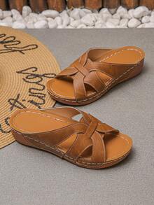 大码 36-45 码夏季时尚休闲露趾厚底凉鞋，粉色哑光、黑色、蓝色、棕色、金色罗马风格，轻便舒适的坡跟凉鞋，女士款 - 褐色磨砂 - 查看 8