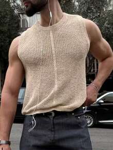 Nuevo top de punto sin mangas de diseño de cuello redondo, con malla transpirable y cómoda, para primavera/verano de ANDREILEE - Caqui - Ver 2